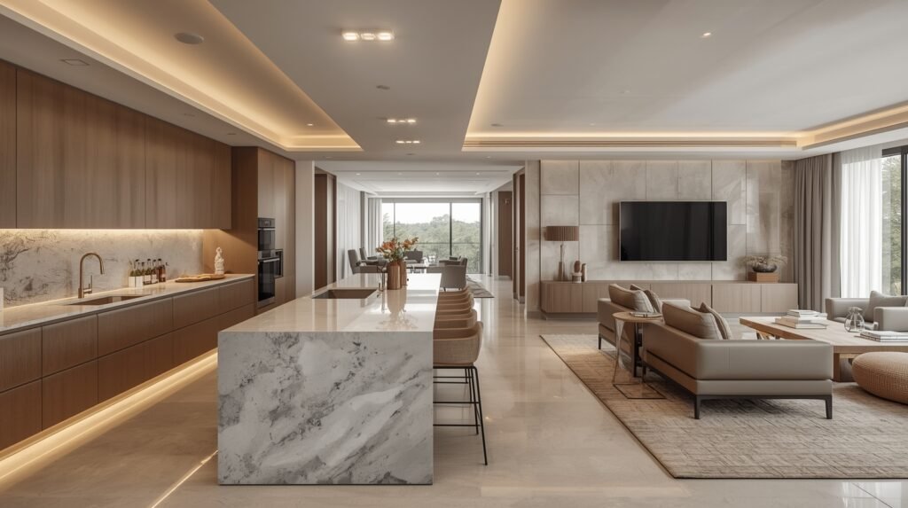 Luxury open plan kitchen and living space with a long, balanced layout.