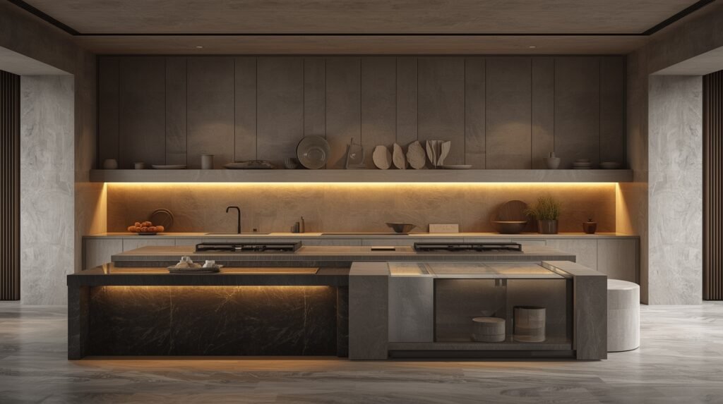 luxury modern kitchen using horizontal decor above cabinets for visual width