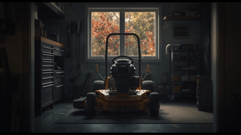 Well-maintained lawn mower stored neatly over time with organized tools and clean engine