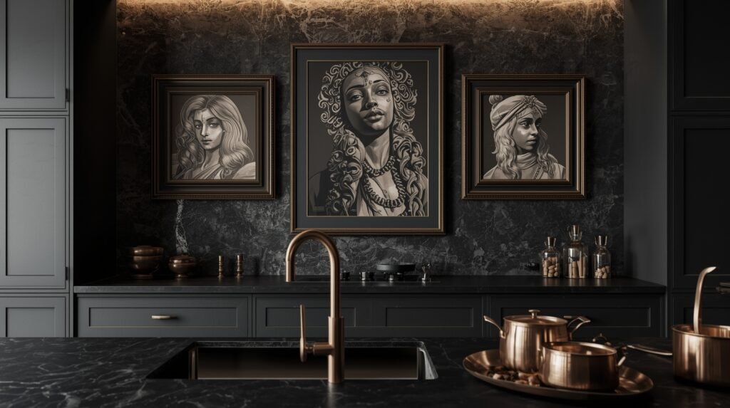 Luxury kitchen wall with bold framed wall art adding depth and personality.