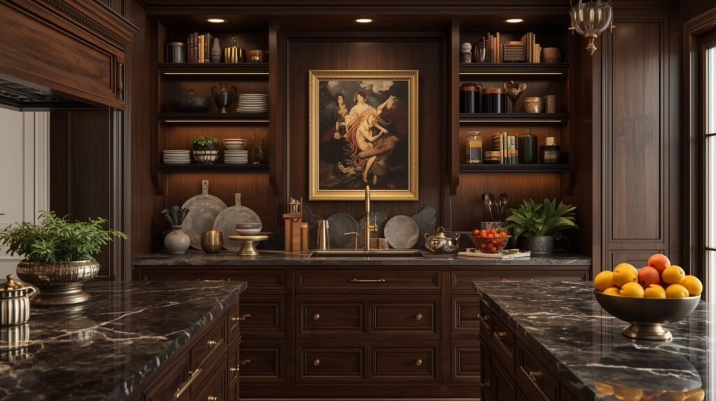 Warm luxury kitchen with rich materials and elegant wall art creating a personal, inviting space.
