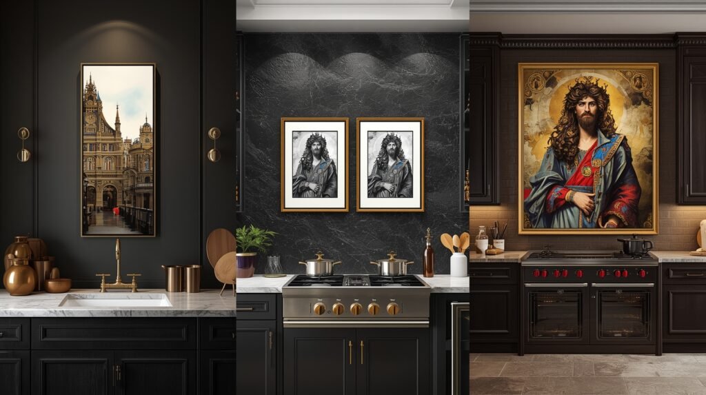 Luxury kitchen wall art layouts showing tall, paired, and large-size options.