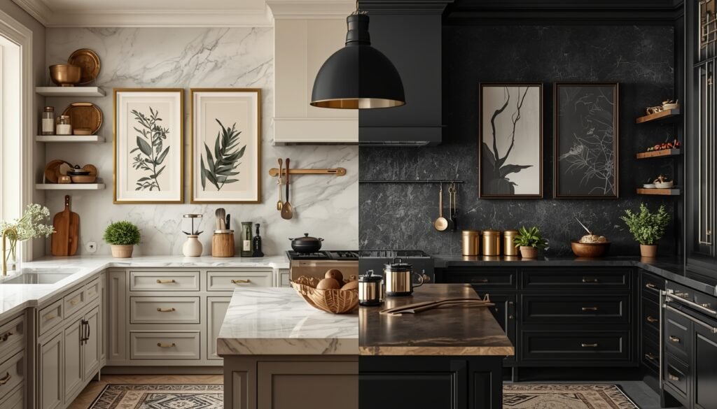 Light and dark luxury kitchens showing how wall art blends with each color style.