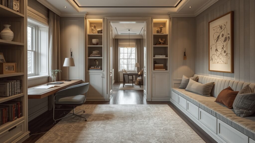 Luxury open plan space with small functional seating and work zones.