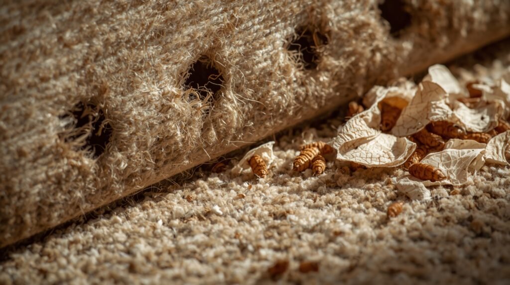 fabric with small holes and carpet beetle larval skins near baseboards