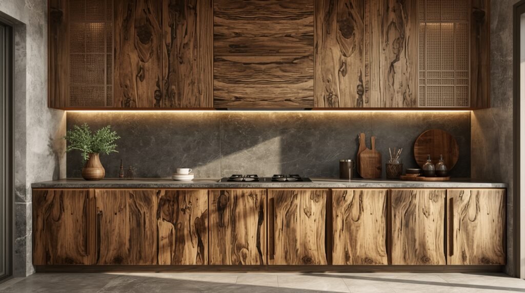 luxury kitchen with natural textures above cabinets creating depth