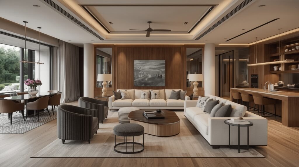 Luxury living area with inward-facing seating in an open plan layout.