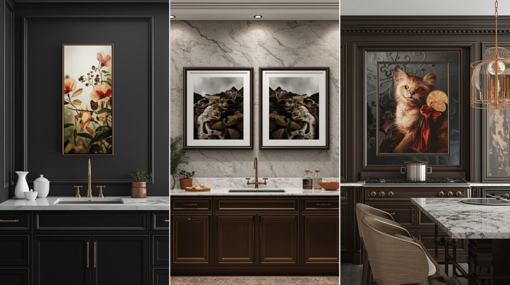 Luxury kitchen wall art layouts showing tall, paired, and large-size options.