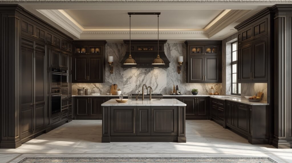 high-end modern kitchen with no decor above cabinets