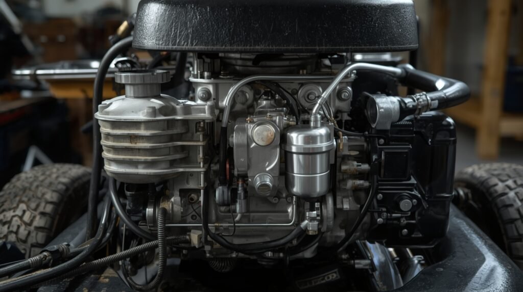 Small lawn mower engine with exposed carburetor and fuel system components visible