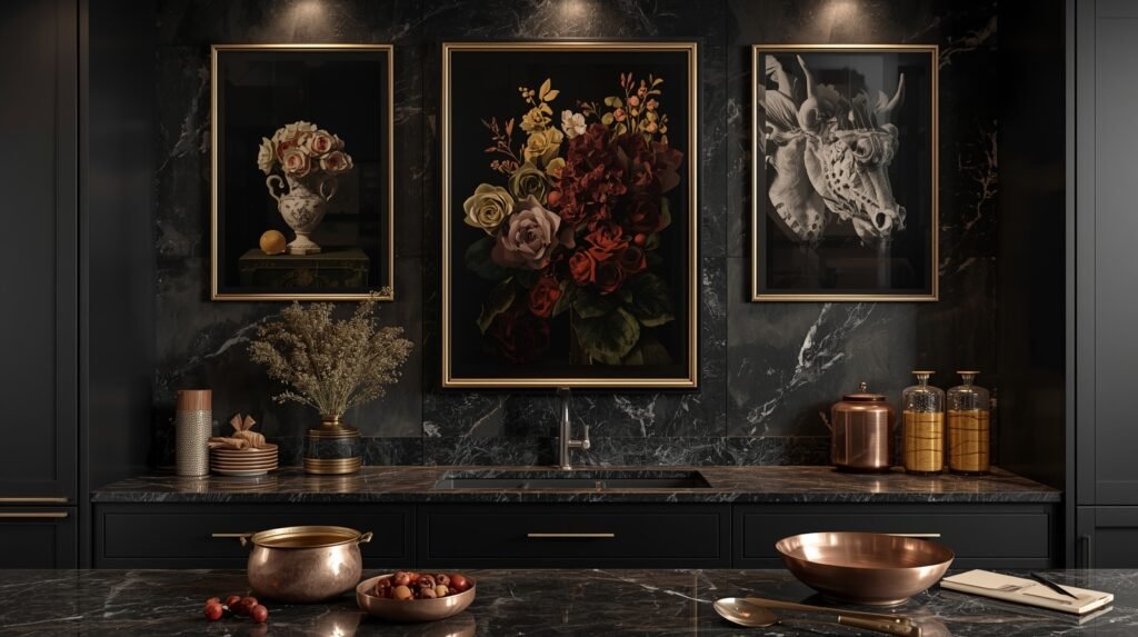 Luxury kitchen wall with bold framed wall art adding depth and personality.