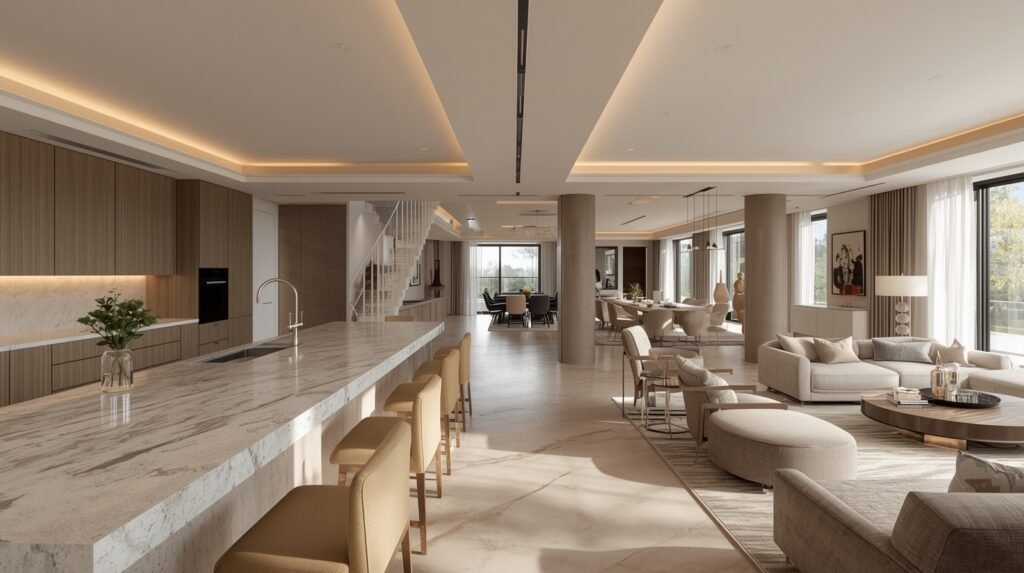 Luxury open plan kitchen and living space with a long, balanced layout.