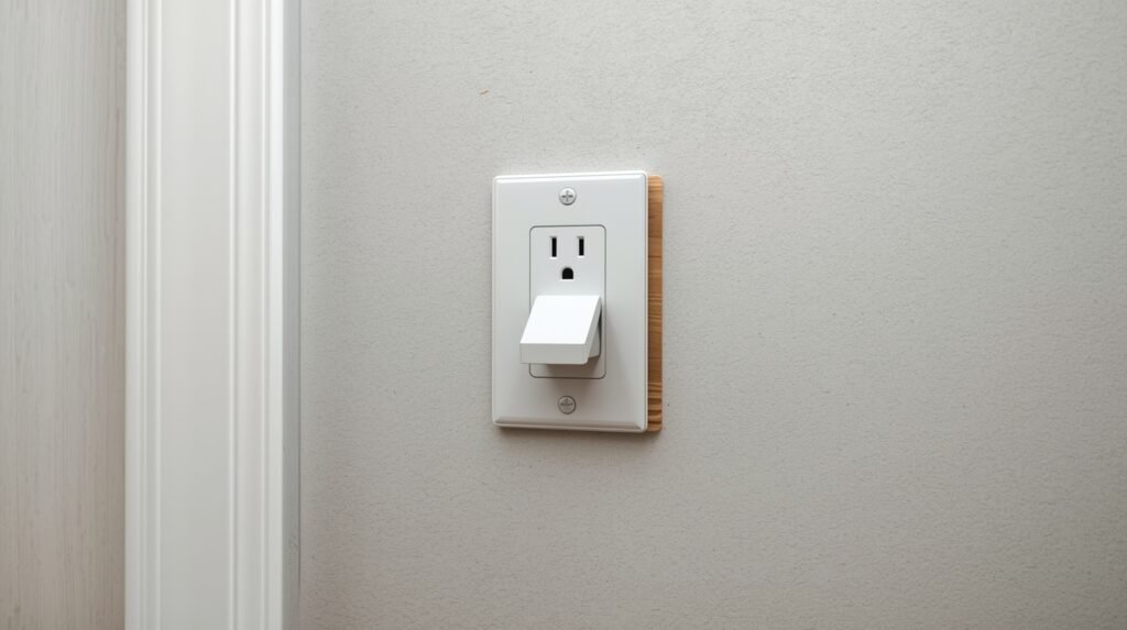 Electrical outlet mounted next to a wall stud behind drywall