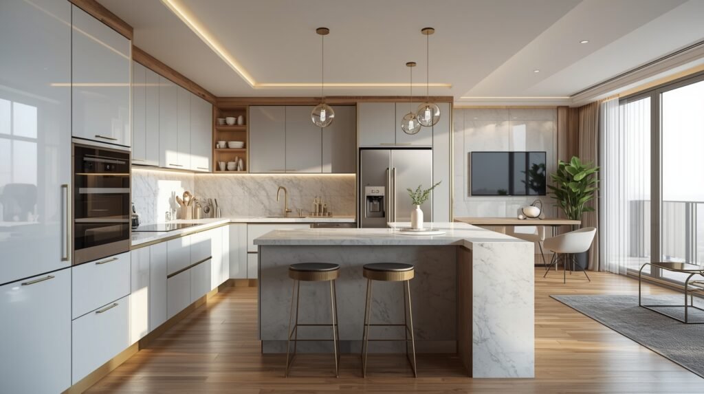 Limited space small L shaped kitchen design with smart layout, compact cabinetry, and efficient corner storage in a modern apartment