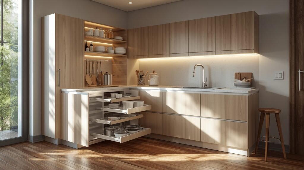 Limited space small L shaped kitchen design with luxury finishes, marble countertops, integrated appliances, and high-end corner storage