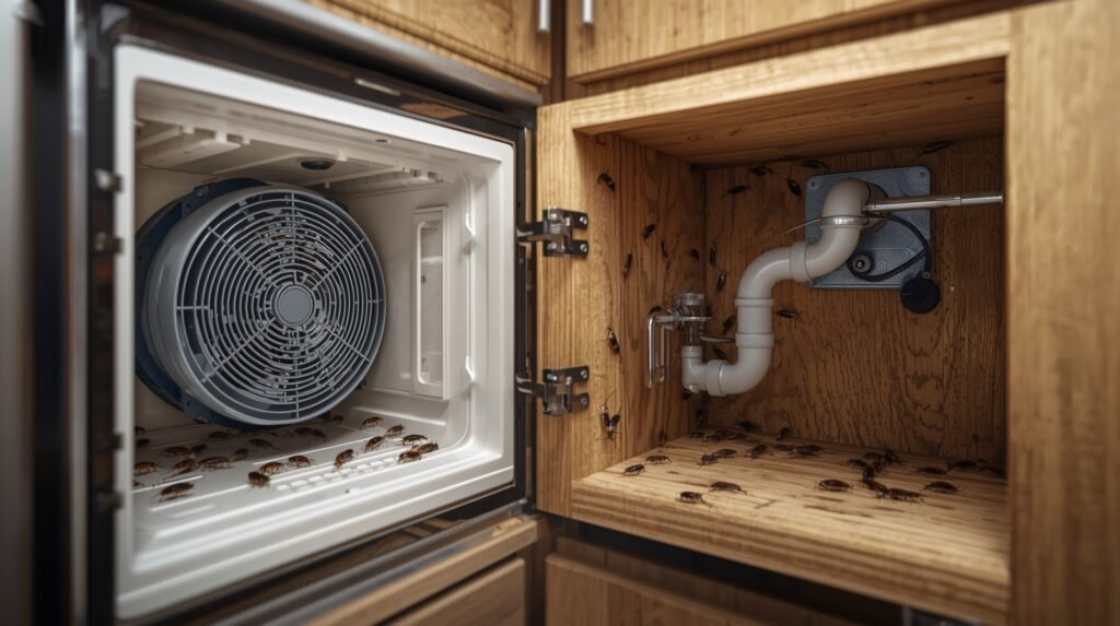 Small cockroaches hiding behind kitchen appliances and cabinets during the daytime