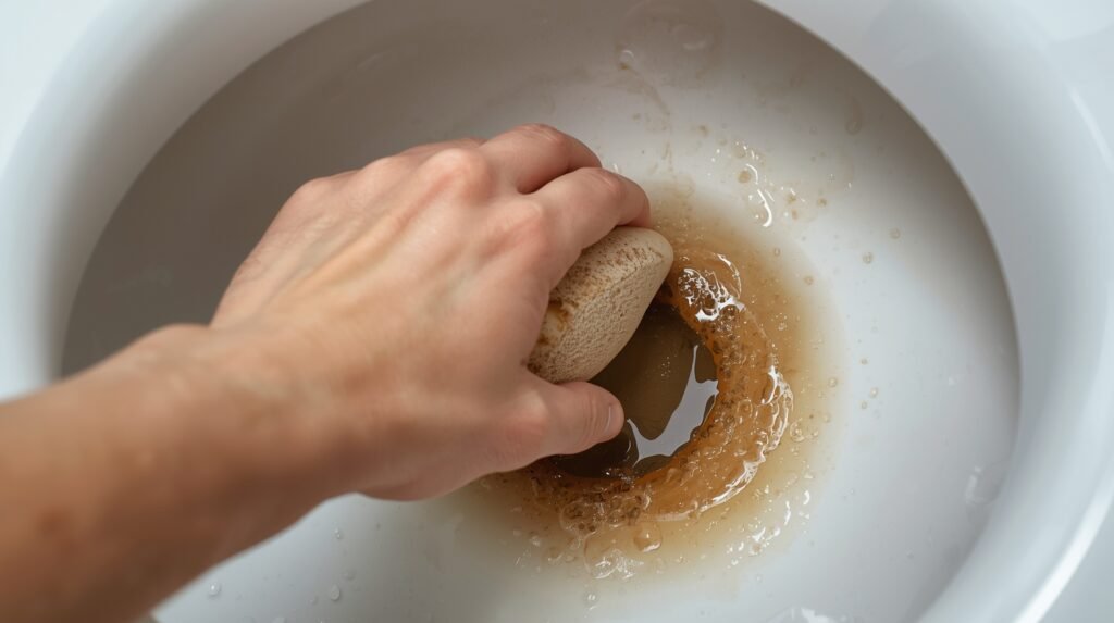 wet pumice stone removing thick brown limescale buildup from a toilet bowl