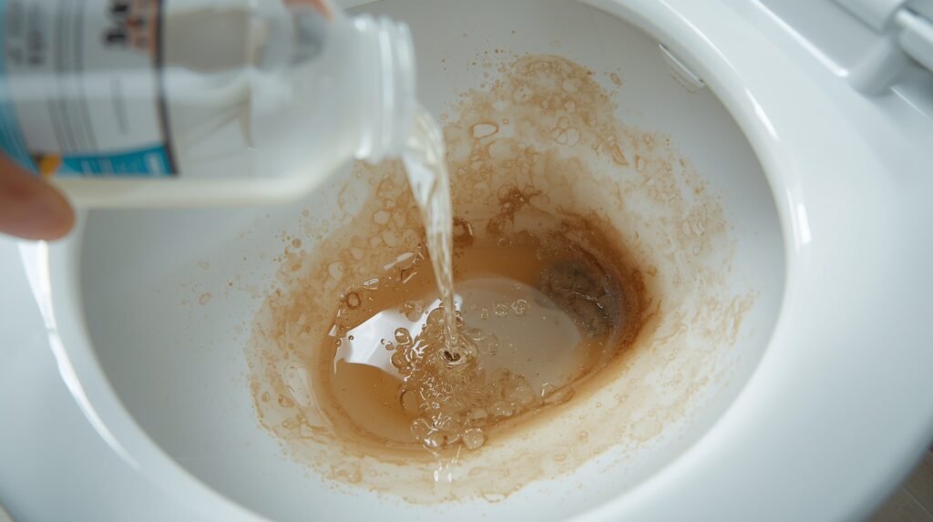 white vinegar dissolving light brown mineral stains inside a toilet bowl