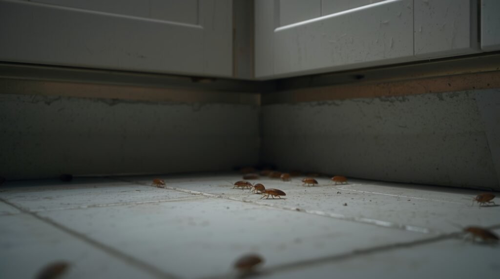 Multiple small cockroaches visible in the same kitchen area at night near baseboards