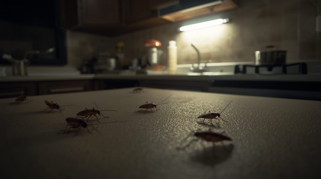 Small cockroaches in a kitchen at night becoming visible when the lights are turned on