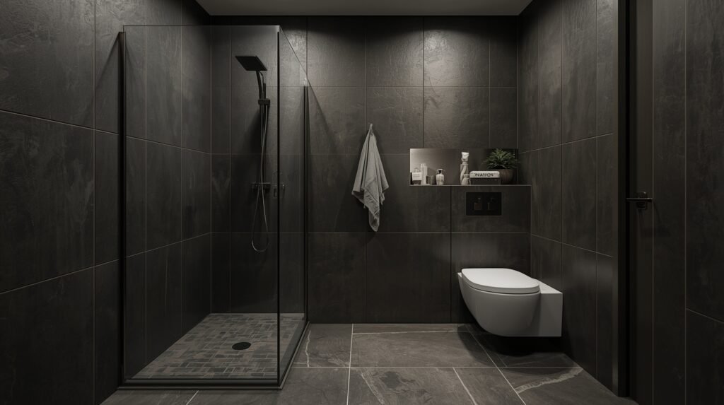 Luxury small bathroom designs with shower and toilet featuring a dark, space-efficient layout
