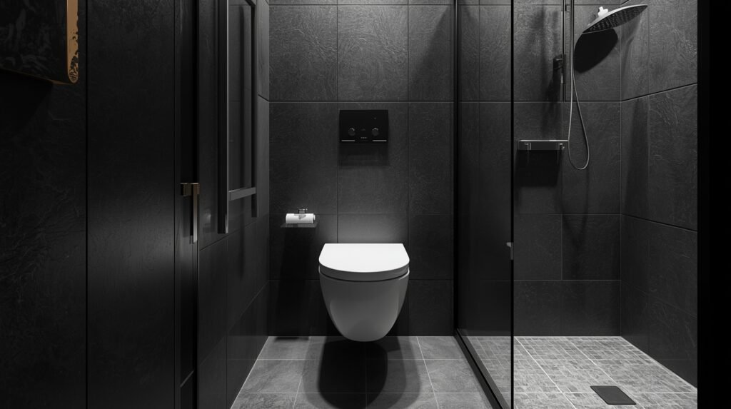 Small bathroom designs with shower and toilet using a wall-mounted toilet for space saving