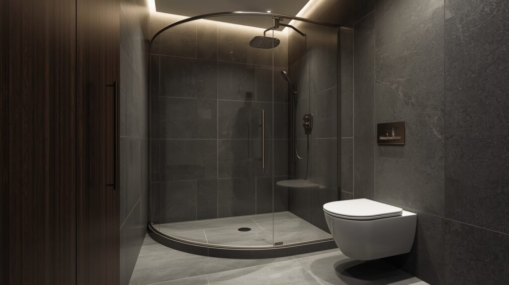 Corner quadrant glass shower with adjacent toilet in a compact bathroom layout