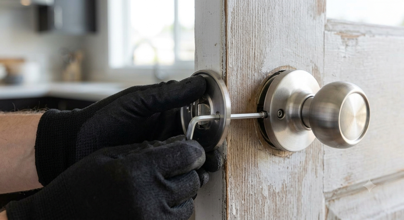 A person using a screwdriver to demonstrate how to fix loose doorknob hardware.