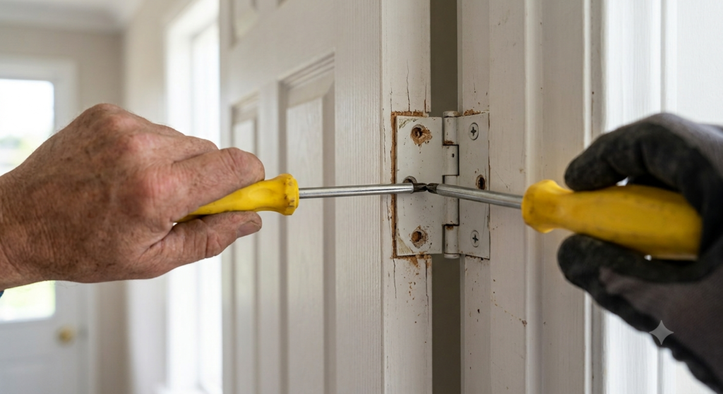 How to Fix a Sagging Door covering loose hinge repairs, door frame adjustments, sticking door fixes, and home maintenance.