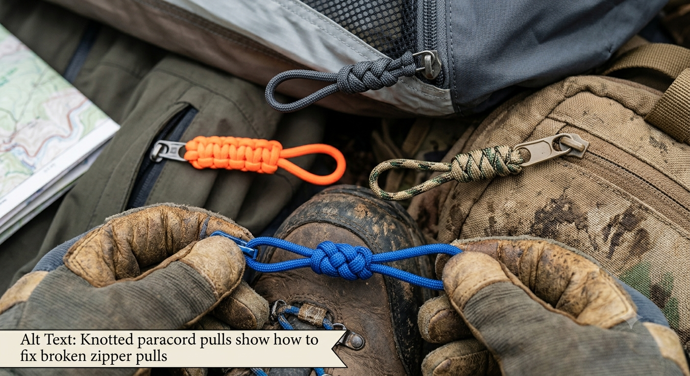 A piece of heavy-duty knotted paracord attached to a tent slider, showing how to fix broken zipper pull problems on outdoor gear.